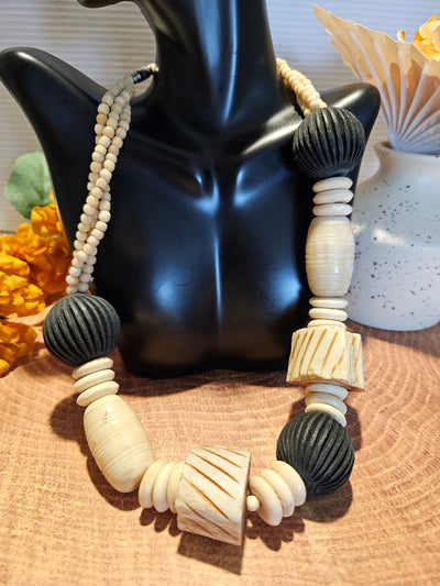 African Carved Bovine and Wood Bead Necklace